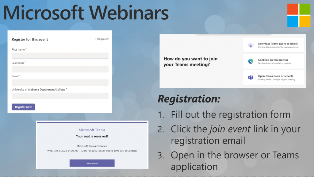 Microsoft Webinars. Registration: 1. Fill out the form. 2. Click the join event link in your registration email. 3. Open in the browser or Teams application.